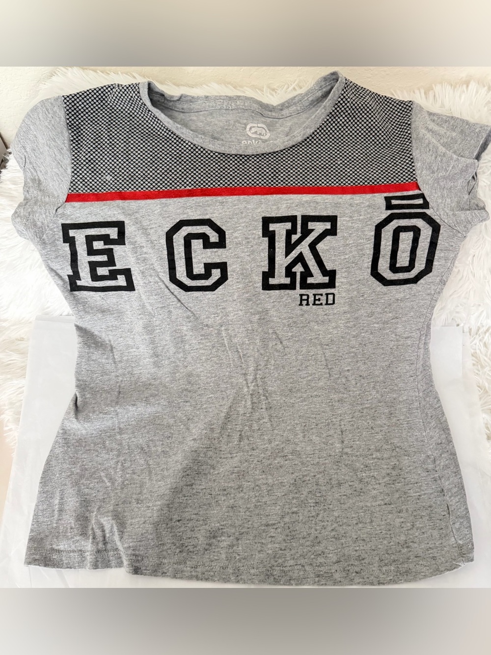 Ecko Red Gray Short Sleeve Tee with Black Lettering and Red Stripe